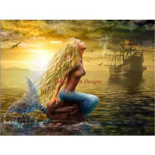Embroidery Counted Cross Stitch Kits Needlework - Crafts 14 ct DMC color DIY Arts Handmade Decor - Mermaid with Ship at Sunset