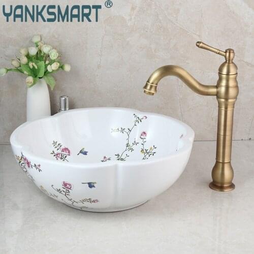 YANKSMART Art Ceramic Basin Flower Bird Washbasin Bathroom Basin Sink Set Rotated Antique Brass Faucet Mixer Tap Pop Up Drain