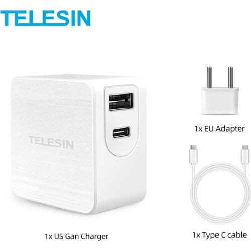 TELESIN GaN 65W Fast Charger USB PD QC 3.0 For GoPro Osmo Action For Macbook Samsung Type-C Portable Gan Charger