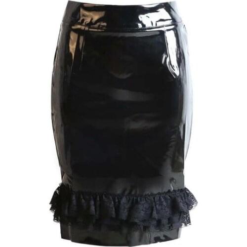 Newest Fashion OL Women Elegant PVC Skirt Lace Patchwork Pencil Skirts Sexy Mermaid Bodycon Skirt Party Nightclub Wear S-2XL