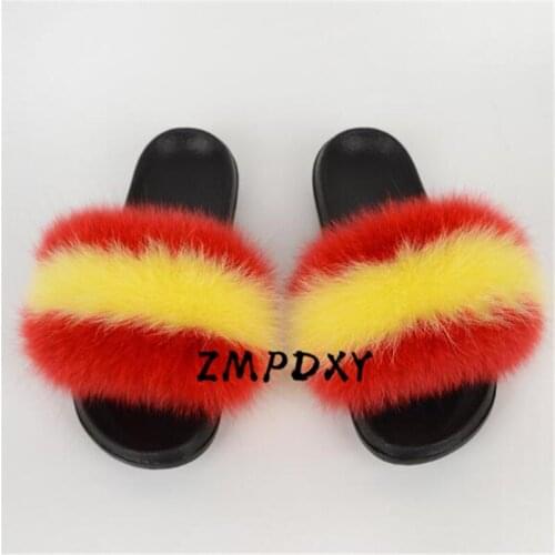 Womens Furry Fur Slippers Childrens/Kids Real Fox Fur Slides Female Cute Fluffy Plush Home Shoes Ladies Fox Hair Beach Sandals