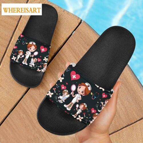 WHEREISART Women Casual Slipper Black Cartoor Nurse Pattern Customized Home Flip Flop Bedroom Shoes Comfortable Slides Female