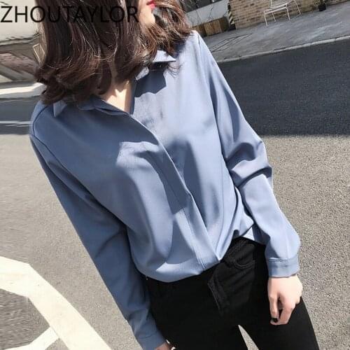 ZHOUTAYLOR Women Shirts Turn-down Collar Full Sleeve Office Lady Solid Blouses Femme Autumn New Straight Tops Female S0700