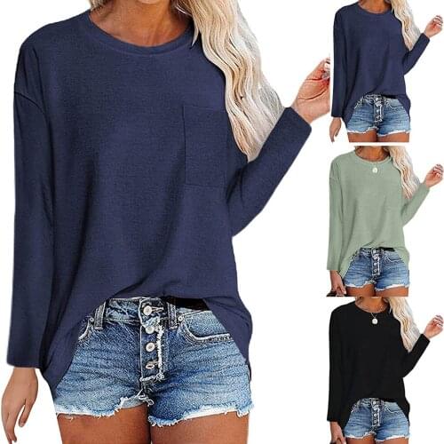 Womens Tops Long Sleeve O-Neck Loose Solid Comfy Morandi Color Basic Tee Spring Simple Inner Clothing For Lady mujer 2021 SS