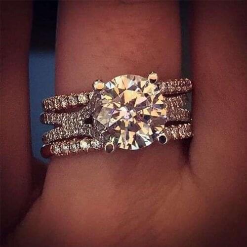 2020New Luxury Female Big Crystal Round Stone Ring Silver Color AAA Zircon Engagement Ring Vintage Party Wedding Rings For Women