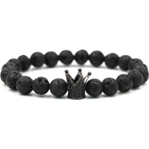 8mm gdf2 elastic adjusted nature black stone volcanic lava bead micro pave Crown cz cubic zirconia Bracelet
