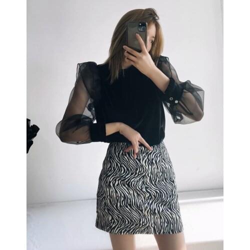 Velvet Body Mesh Long Sleeve Chic Women Puff Sleeve Sexy T-shirt Top