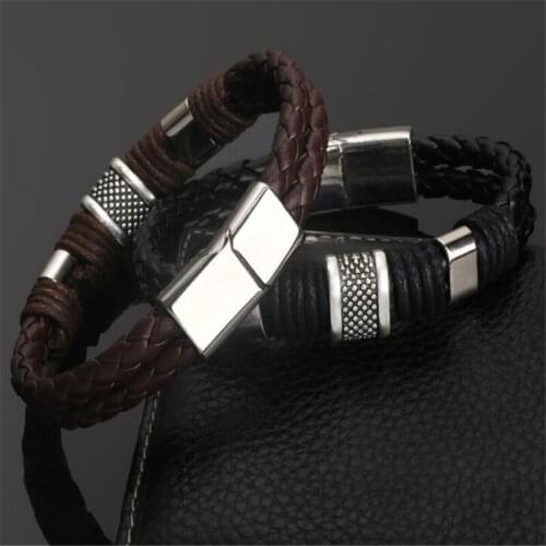 High Quality Stainless Steel Charm Bracelet Braided Black Brown Genuine Leather Bracelet for Mens Hand Wristband Jewelry
