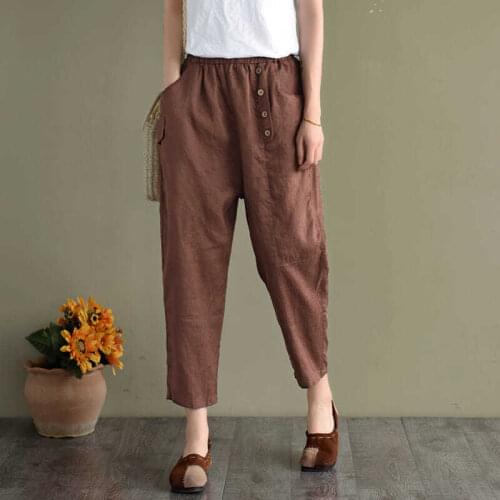 2021 Summer Women Casual Cotton Linen Pants Solid Comfy Stretch High Waist Plus Size Harlan Pants Breathable Streetwear X85