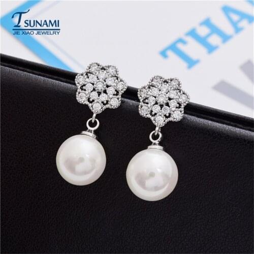 Tsunami Pearl Cubic Zirconia Stone Dangle Earrings Women Fashion Drop Earrings Jewelry 1Pair Wedding Bride Romantic