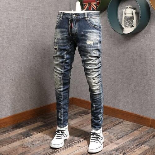 European American Street Fashion Men Jeans Retro Blue Spliced Designer Ripped Biker Jeans Men Vintage Hip Hop Denim Punk Pants