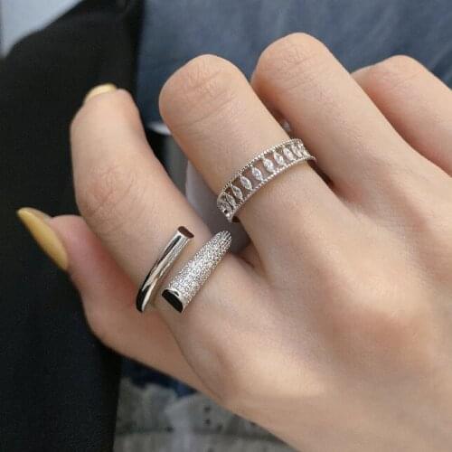 New Trend 2021 Luxury Punk Crystals Beads Inlaid Silver Color Finger Ring For Women Teens Korean Japanese Fashion Jewelry Gift