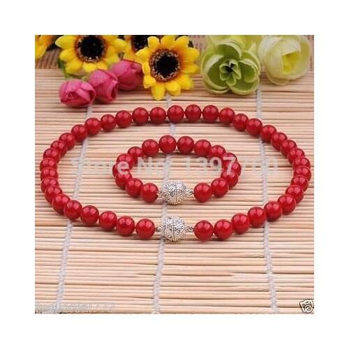 Miss charm Jew.10MM Genuine Coral Red South Sea Shell Pearl Necklace Bracelet A Set AAA+ (A0428)