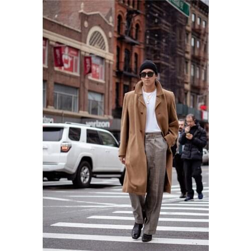 Mens Winter High Street Style Woolen Coat Solid Singal-Breasted V-Sleeve Long Jacket Casual Fashion Handsome Overcoat