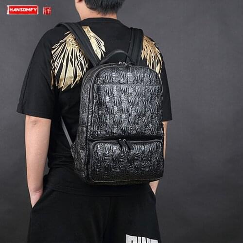 Cowhide Leather Men Backpack Large Capacity Black Crocodile Pattern Outdoor Travel Backpacks 15.6 Inch Laptop Bags Tide Brand