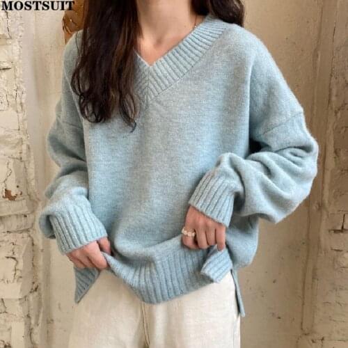 Solid Loose Basic Knitted Sweater Pullover Women Full Sleeve V-neck Jumpers Fashion Casual Warm All Match Tops Knitwear 2021