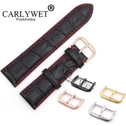 CARLYWET 18 20 22mm Black Real Leather Handmade Red Stitches Replacement Watch Band Strap With Silver Color Polished Buckle