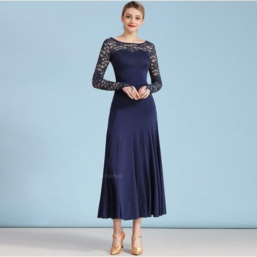 2020 Ballroom Dancing Shoes For Girls Long Sleeves in Lace Rose red navy blue Standard Waltz Ballroom Dance Dress