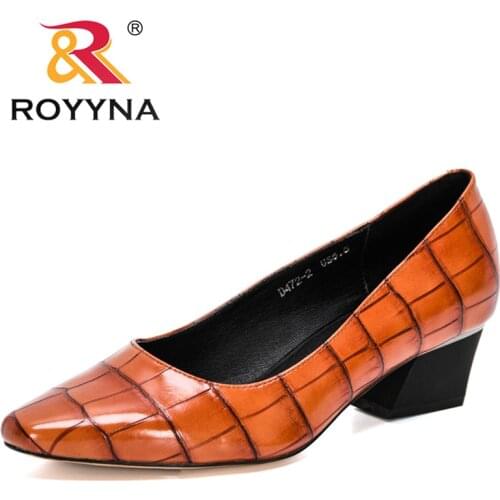 ROYYNA 2021 New Designers Dress Shoes Casual Women Shallow Pointed Toe Thick Heels Solid Fashion Slip On Pumps Ladies Work Shoe