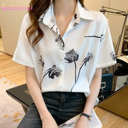 S-XXL White Rose Printing Turn-down Collar Summer Casual Short Sleeve Button Up Shirts Tops for Women Office Lady Work Clothes