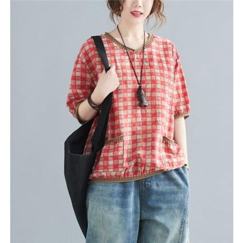Fashion Plaid Loose Summer T Shirts Soft Cotton Linen Vintage Tshirt Plus Size Women Casual Tops T Shirt Tees Shirts
