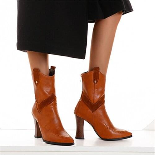 2021 New Women High Heel Boots Pointed Toe Thick Heel Half Short Boots Women Fashion Winter Shoes Party Women Size 34-43