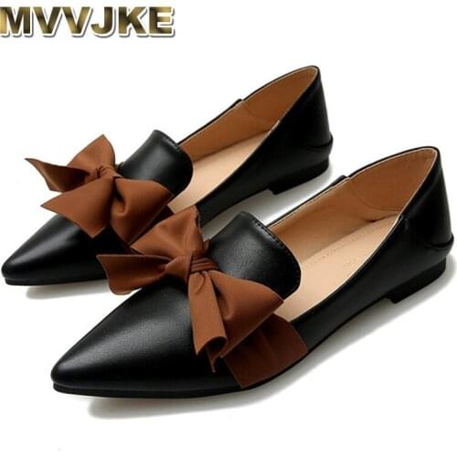 MVVJKE Spring New Womens Single Shoes Bowknot Pointed Toe Bow Flat Sole Slacker Shoes Large 33-43 Leather Shoes Flat HeelBowtie