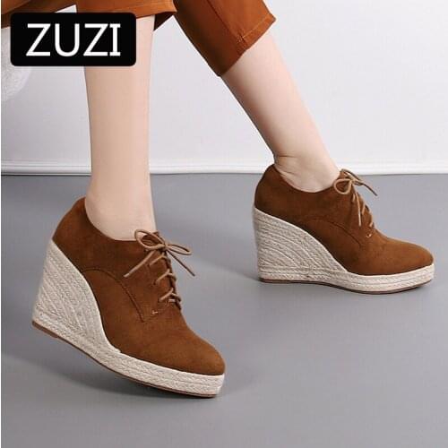 ZUZI Autumn and Winter New Womens Wedges Pumps Thick-soled Lace-up Shoes Espadrilles High-heeled Thick-heeled Straw Woven