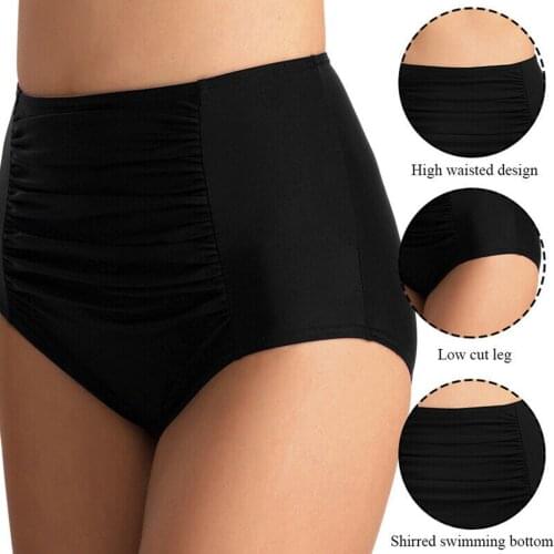 Womens Vintage High Waist Pleated Bikini Bottom Two Piece Swimming Shorts Sexy Tummy Control Swimsuit Briefs Pants