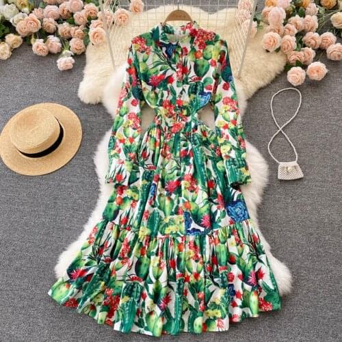 Autumn Fashion Designer Tropical Jungle Flower Print Ruffles Shirt Dress Women Long Sleeve Lapel Collar Buttons Green Midi Dress