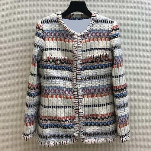 Blended Luxury Brand Wool Coat Jackets Women 2021 Early Spring New Street Straight Long Sleeve O-neck Runway Color Striped Coats