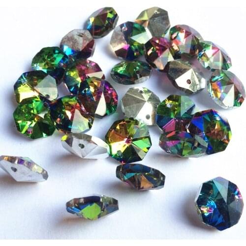100pcs Rainbow 14mm Noble Glass Octagon Chandelie Beads With Two holes (Free Rings) Diy Accessories Crystal Curtain Accessories