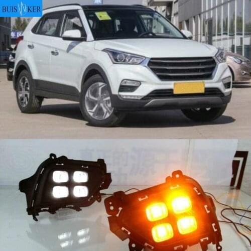 2Pcs DRL For Hyundai Creta IX25 2017 2018 LED Daytime Running Light fog lamp South American version w/ yellow turn signal relay
