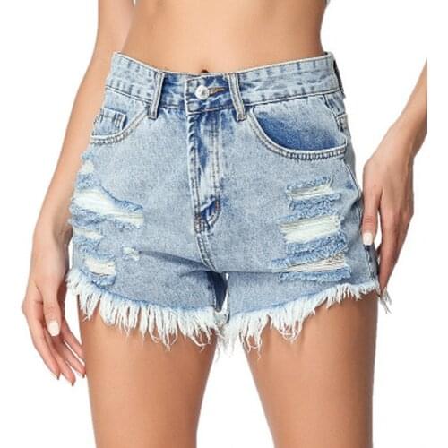 2021 Pure Color Denim Shorts Womens Summer Streetwear Fashion High Wasit Light Blue Ripped Loose Korean Style Jean Short