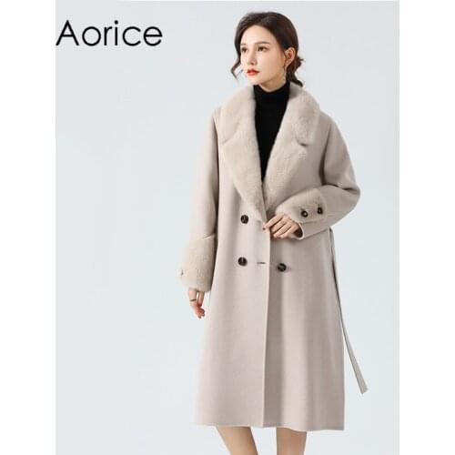 Aorice Women Winter Mink Fur Parka Wool Blends Coat Jacket 2020 New Real Mink Fur Collar Long Trench Coats Jackets Z20112