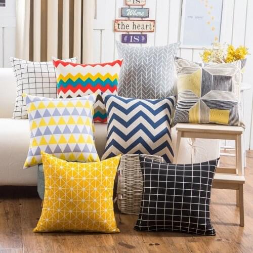 Art Sofa Color Geometry Cushion Cover Yellow Grey Cotton Linen Decorative Throw Pillow Cover Plaid Printed Bedding Home Decor