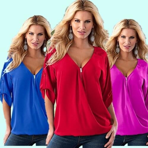 AS14 Half Sleeve Shirt Women Tops V-neck Button Sexy Loose Women Chiffon Blouses Plus Size Shirt 5XL