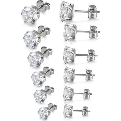 BONISKISS 6 Pairs Womens Stainless Steel Round Clear Cubic Zirconia Inlaid Stud Earring 3MM-8MM Gold Silver Color Stud Earrings