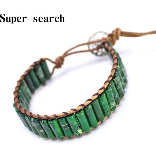 Natural Stone Single Leather Rope Wrap Bracelet Bohemian Bracelet Women Tube Shape Green Beaded Couples Bracelet Dropshipping