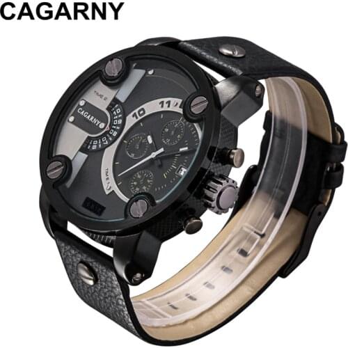 Cagarny Watches Men Luxury Brand Leather Strap Quartz Dual Time Zone Analog Date Men Sport Russian Military Oversize Wristwatch