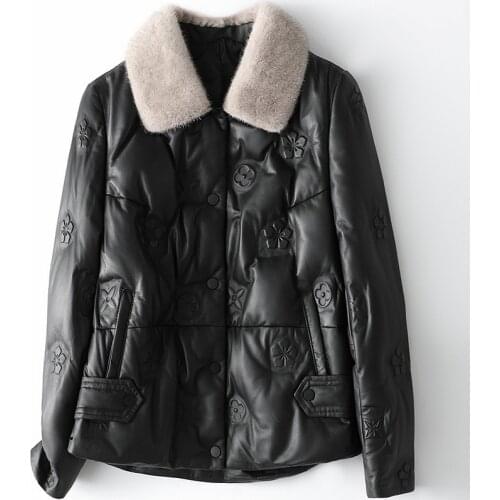 Black Leather Down Jacket Women Mink Collar Sheepskin Coat Casual Black Printed Thick Warm Autumn Winter Clothes with Pockets