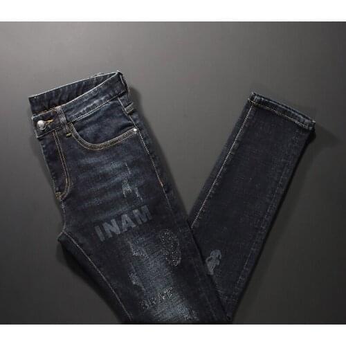 Streetwear Vintage Denim Punk Pants Retro Black Blue Fashion Designer Men Jeans Slim Fit Skull Decoration Hip Hop Printed Jeans