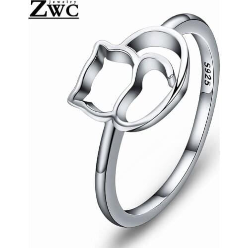 ZWC Fashion Personality Temperament Hollow Ring for Women Men Party Wedding Romance Silver Color Simple Cat Ring Jewelry Gift