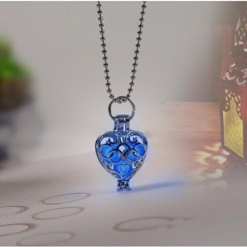 Cute Heart Hollow Carved Metal Luminous Stone Pendants Necklaces For Women Girls Silver Color Beads Chain Necklace Jewelry Gifts