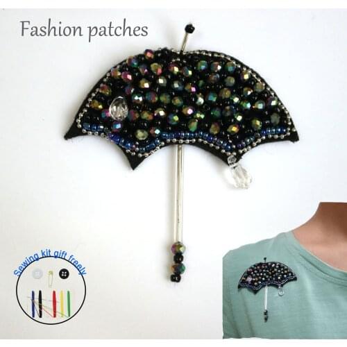 Fashion umbrella rhinestone beaded Patches for clothes Sew on sequins patch badge Applique embroidered parches bordados para
