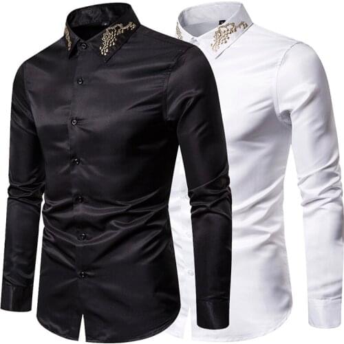 Men Shirt Slim Embroidery Collar Fashion Wedding Groom Shirt Stage Costume Singer Host Dancer Ball Banquet Nightclub White Black