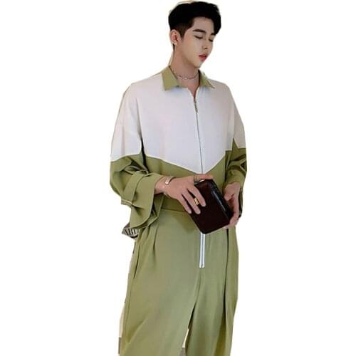 Mens jumpsuit jumpsuit fashion Japanese and Korean stitching belt half sleeve street clothing casual overalls overalls ankle le