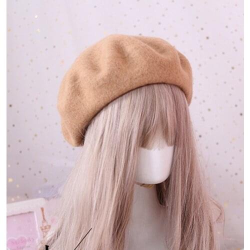 Solid Color Wool Beret for Women Girls Winter Autumn Beanit Hat