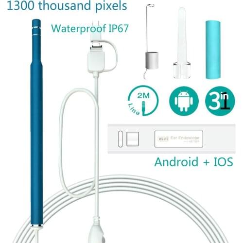 WIFI Otoscope 3 in 1 Borescope Inspection Ear Wax Remover Tool IP67 Waterproof Camera Endoscope 6 Adjustable LED for Android iOS