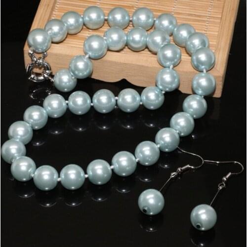 Classic Simulated-Pearl Shell Light Sky Blue 12mm Round Beads Necklace Earrings Elegant Women Jewelry Set 18inch B2317